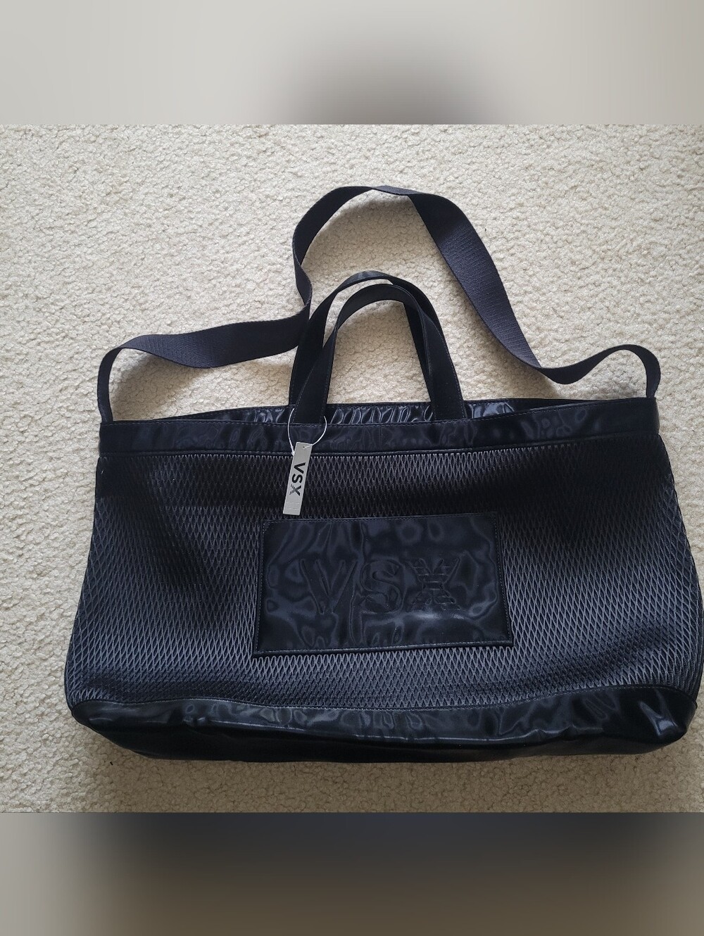 Victoria's Secret VSX Large Black Mesh Tote Travel Bag Top Zip Closure
